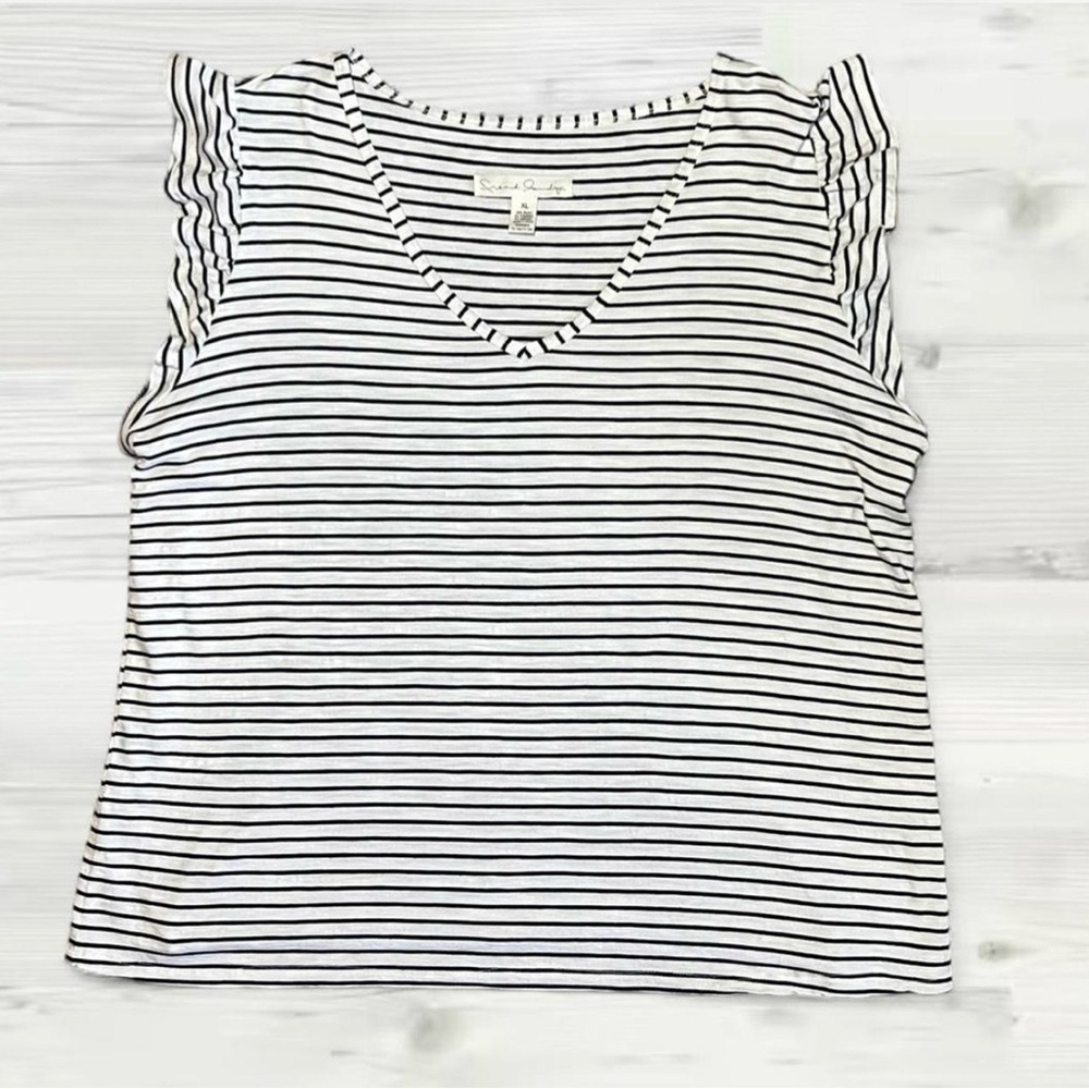 French Laundry Black and White Striped V neck top with Ruffle sleeves-XL